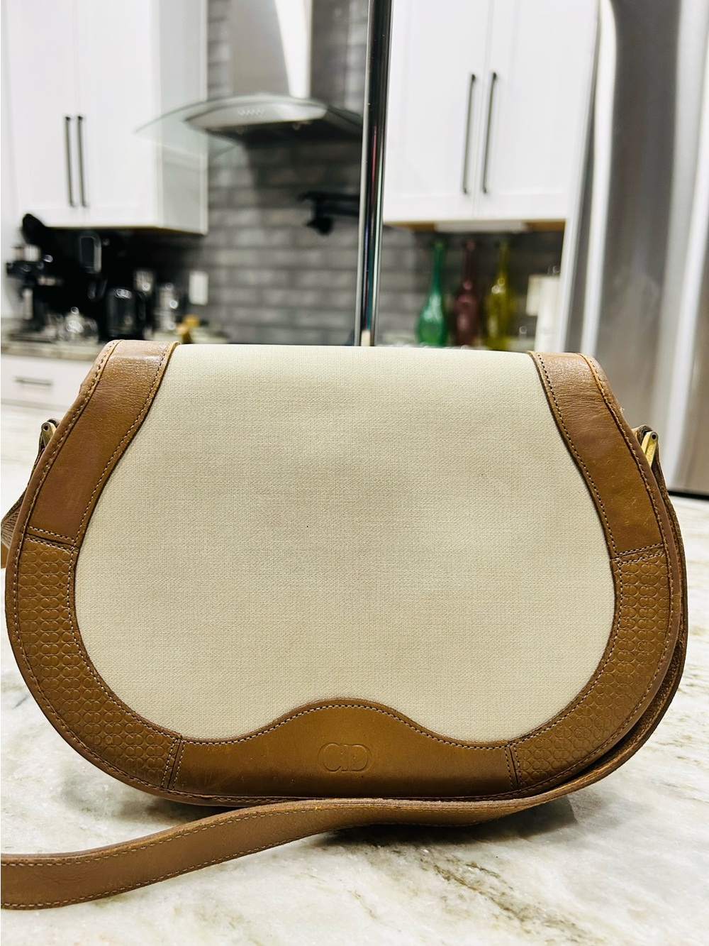 Christian Dior Cream and Brown Crossbody Saddle Bag